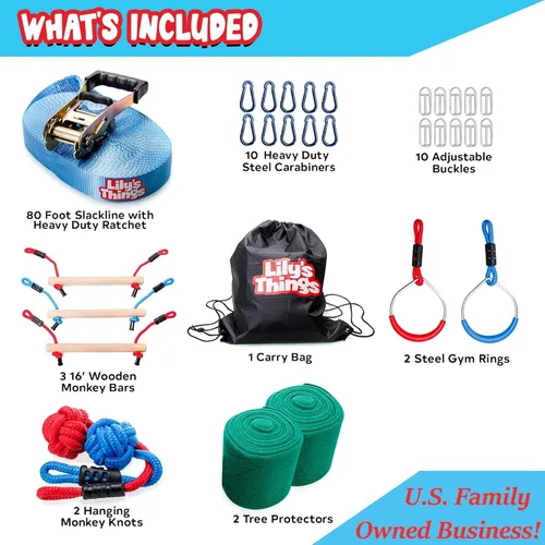 Vista 5 de Double Ninja Slackline - Carrera de obstáculos para niños Línea de 80 pies Equipo de juegos Ninja Slackline Monkey Bars Curso de cuerdas Ninja