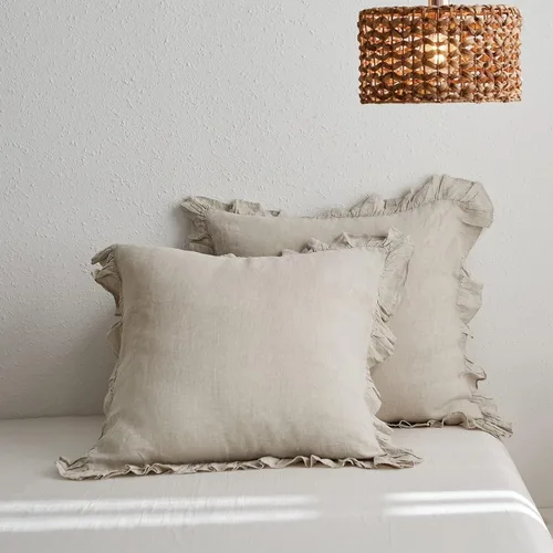 Vista 31 de Simple&Opulence Juego de funda de edredón de 100 % lino, lino francés natural, color rosa rubor con volantes, tamaño individual, funda de edredón