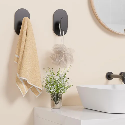 Vista 4 de Adhesive Towel Hooks - 4 Pack 26LB Extra Strong Heavy Duty Wall Hooks for Bathroom/Shower Door Hanging Coat, Robe, Towel, Dogs' Leads and Collars