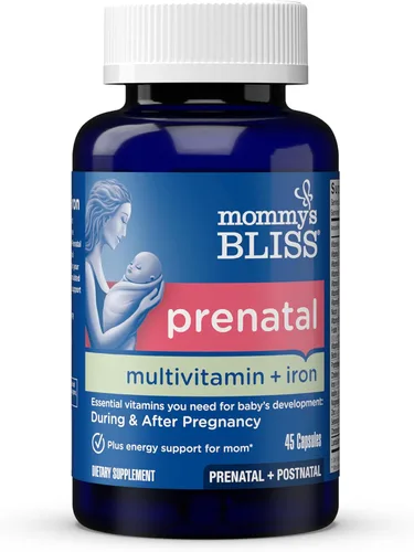Mommy's Bliss Multivitamínico prenatal con hierro y ácido fólico, apoya el desarrollo del bebé + el sistema inmunológico de la madre y los niveles