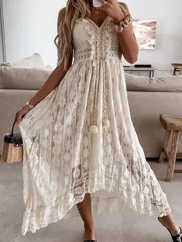 Vista 2 de CUPSHE Vestidos con cordones para mujer, estilo bohemio, con borlas, cuello en V, acampanados, volantes, playa