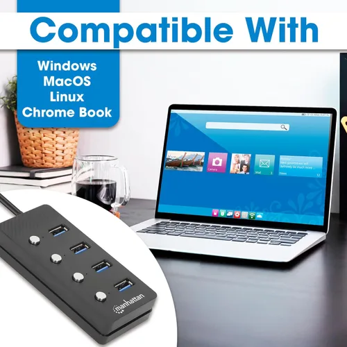 Vista 5 de Concentrador de cable de extensión USB de 4 puertos con cable de 5 pies de largo, interruptores de encendido/apagado USB 3.2 alimentados por USB