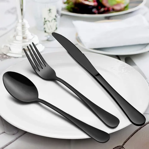 Vista 3 de LIANYU Juego de cubiertos negros de 46 piezas para 8, cubiertos de acero inoxidable con utensilios de servir, cubiertos elegantes que incluye