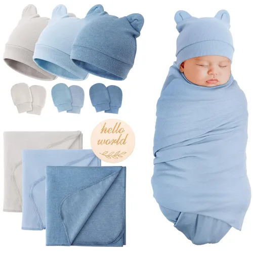 Vista 19 de DRESHOW BQUBO Manta de recepción para recién nacido con juego de sombrero con moño y guantes, manta de algodón para envolver al bebé, saco de dormir