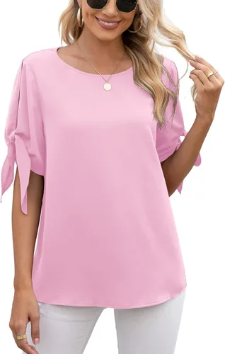 Vista 4 de Jouica Blusa de gasa de manga corta para mujer, estilo casual, con nudo, holgada, para verano