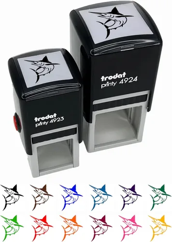 Sello de tinta Jumping Marlin Fish autoentintado de goma, 1 pulgada pequeña, tinta negra