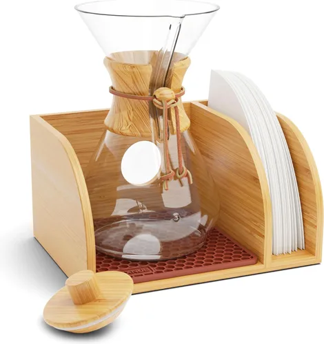 Vista 9 de HEXNUB Organizador y tapa para cafetera, soporte de bambú para jarras de café Chemex, Bodum, Cosori, alfombrilla resistente al calor, soporte