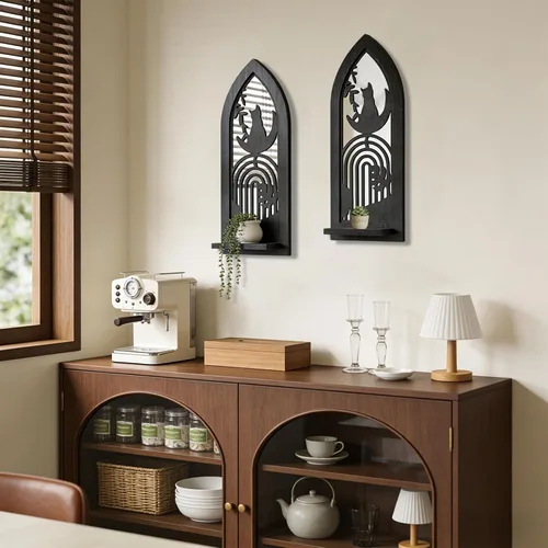 Vista 2 de Juego de 2 candelabros de pared de madera, portavelas rústico con espejo, marco de madera tallada, decoración de pared colgante para sala de estar