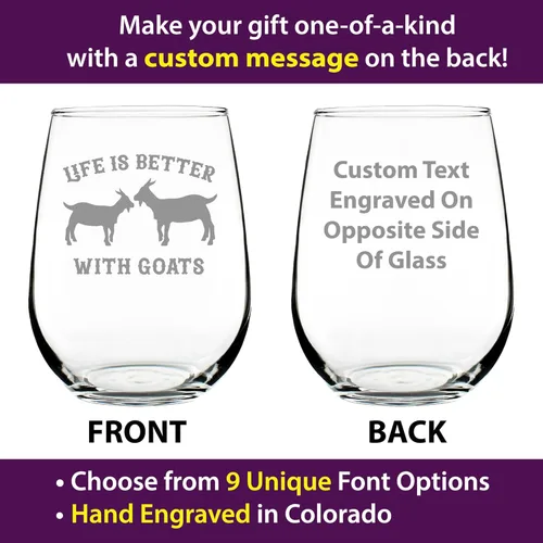 Vista 2 de Custom Life Is Better With Goats - Personalized Stemless Wine Glass - Funny Farm Animal Themed Decor and Gifts - Large 17 Ounce - Customized Wine