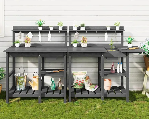 Vista 22 de SERWALL Banco para macetas al aire libre con fregadero extraíble, mesa para macetas de polietileno de alta densidad resistente a la putrefacción
