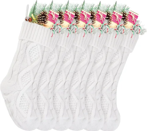Vista 11 de Paquete de 6, 14" Medias de Navidad de Punto Únicas Color Borgoña y Blanco Marfil Estilo2