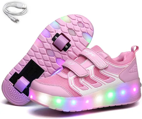 Vista 8 de Ehauuo - Zapatos de dos ruedas con luces recargables, con ruedas retráctiles, tenis unisex con LED intermitentes para Niñas Niños, Principiantes