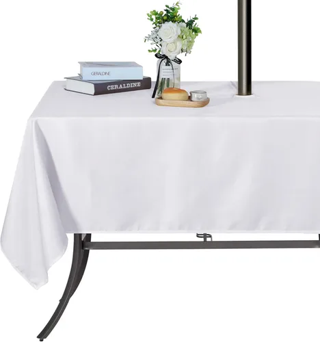 Vista 15 de SARAFLORA Mantel para Exteriores e Interiores - Redondo de 60 pulgadas Color Beige Sin Arrugas Lavable Impermeable Mantel con Agujero para Sombrilla
