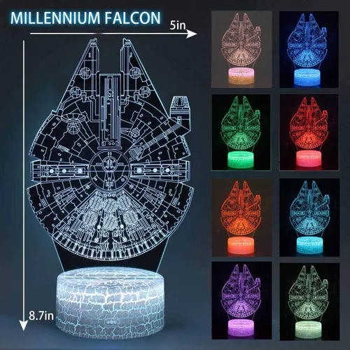 Vista 4 de Ilusión 3D Star Wars Luz nocturna de cuatro patrones de estrella de la muerte/Halcón Milenio/R2 D2/BB-8 Interestelar 7 Cambio de Color Decoración
