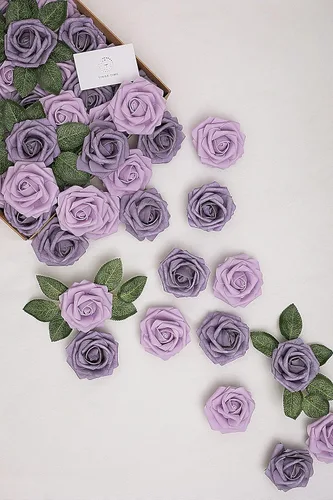 Vista 6 de TINGE TIME Flores moradas artificiales, flores falsas para decoración de rosas con tallo, 25 flores artificiales para ramo de boda, centro de mesa