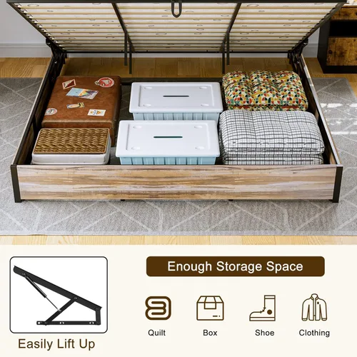 Vista 15 de IKIFLY Cama de almacenamiento elevable tamaño King con estación de carga, marco de cama de metal King con cabecera de estante de almacenamiento