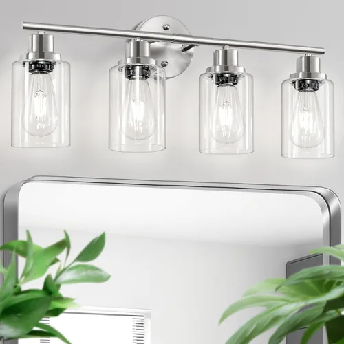 Vista 28 de Lámparas de baño E26 de 2 luces, modernas luces de tocador de níquel cepillado para baño con pantalla de vidrio transparente, espejo, cocina