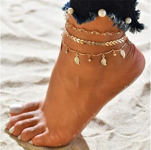 Vista 2 de Fesciory 3 pulseras de tobillo para mujer, juego de tobilleras de playa ajustables en capas doradas para niñas, cadena de pie de aleación