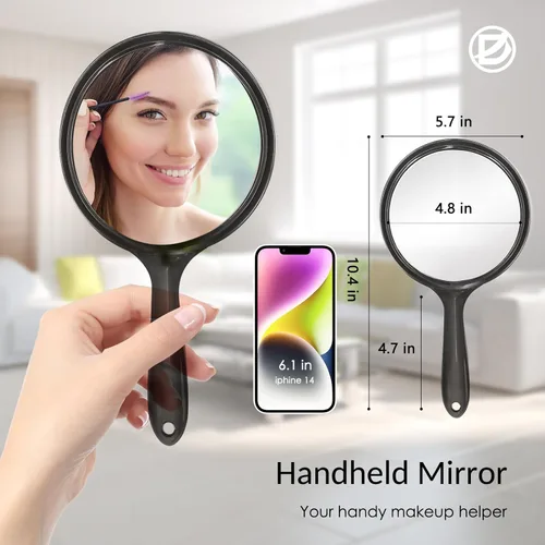 Vista 3 de D Espejo de mano con mango – 5.4 pulgadas de ancho x 10.4 pulgadas de largo, espejo de mano grande con doble cara, espejo de aumento 1X 2X