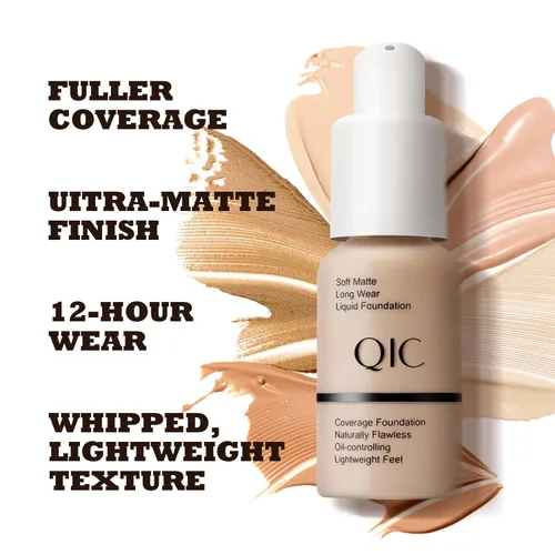 Vista 2 de QIC Base de maquillaje de cobertura completa, base correctora, cobertura completa, impecable, 1.06 onzas líquidas, control de aceite mate, base