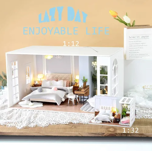 Vista 7 de Spilay Kit de casa de muñecas en miniatura con muebles de madera, kit de casa de muñecas de bricolaje con a prueba de polvo y movimiento musical