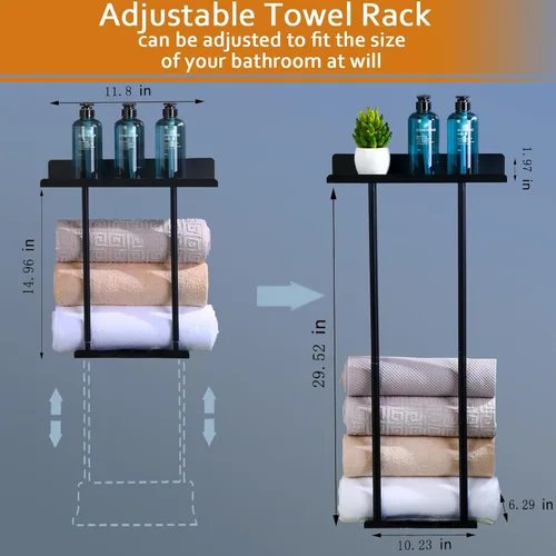 Vista 3 de Metal Towel Rack Wall Mounted Towel Holder for Bathroom Wall, Black Bath Towel Racks for Bathroom Towel Storage Rack with Hanging Hooks & Shelve for