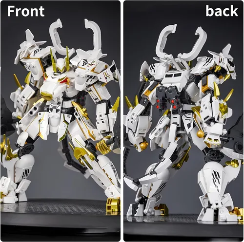 Vista 5 de CSNRHG Modelo de robot mecánico samurái de tigre blanco con doble hacha, bloques de construcción, juego de juguetes de cumpleaños mítico para niños