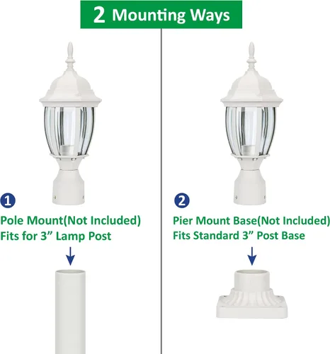 Vista 3 de LIT-PaTH Farol de poste de iluminación para exteriores, base mediana E26 máx. 60 W, carcasa de aluminio más vidrio, acabado blanco mate, paquete de 1