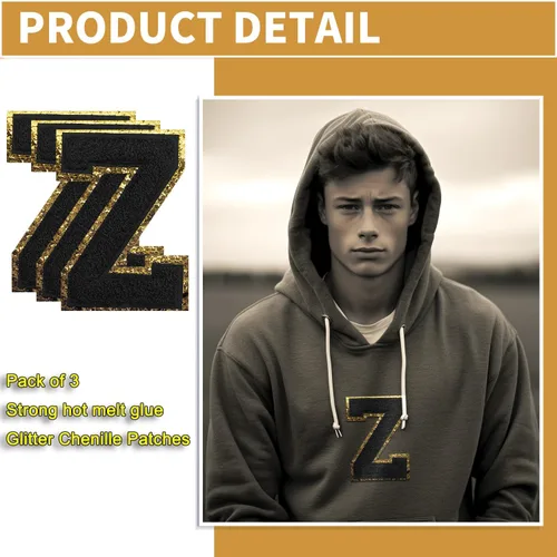 Vista 3 de 3 parches de letras de felpilla negra, parches de letras termo-adhesivas de 4-1/2", parches universitarios para ropa, S