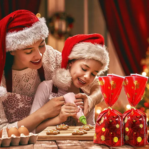 Vista 6 de Outus 50 bolsas de regalo de Navidad con patrón de copo de nieve, bolsas planas de celofán de plástico para fiestas para panadería, palomitas