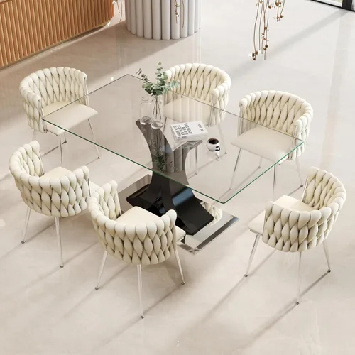 Vista 38 de Juego de comedor moderno de vidrio de lujo de 5 piezas, juego de cena rectangular minimalista grande para 4, juego de mesa de cocina de vidrio