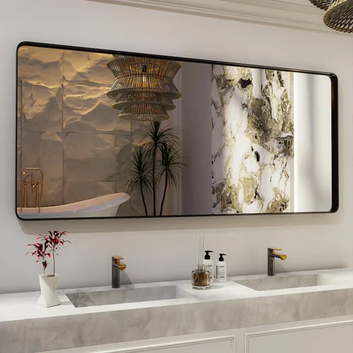 Vista 51 de ISKM Espejo de baño con marco de metal negro para pared de 40 x 32 pulgadas, espejo rectangular redondeado, antioxidante (horizontal/vertical)