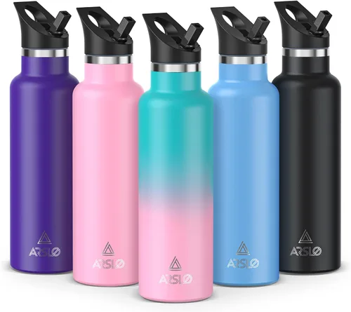 Botellas de agua de doble pared de acero inoxidable, botella aislada al vacío con tapa con popote, botella de agua aislada mantiene el agua fría