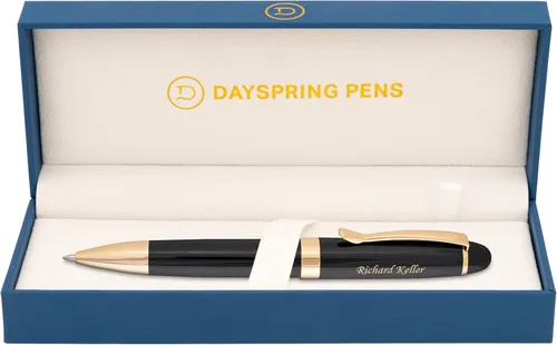 Dayspring Pens Bolígrafo de regalo personalizado Alexandria Black con ribete dorado con caja de regalo. Grabado personalizado con nombre o mensaje