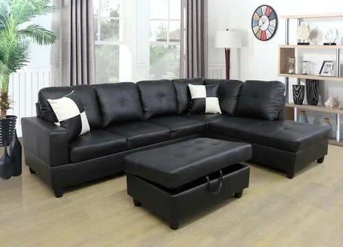 Juego de sofá seccional de cuero negro para sala de estar, sofá seccional de piel sintética negra de 105 pulgadas, sofá en forma de L con otomana de