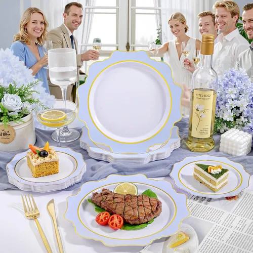 Vista 4 de WDF 100 piezas de platos de plástico azul - Platos desechables azul claro - Platos de plástico con borde festoneado resistente