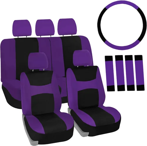 Vista 15 de Juego de fundas de asiento para automóvil, color beige, negro, ajuste universal, con funda para volante y almohadilla para cinturón de seguridad