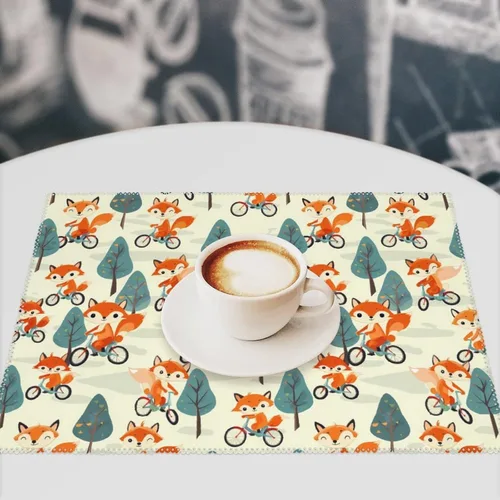 Vista 7 de Foxes Riding Bicycles Placemats Set of 6 Resistant Table Mats Washable Place Mats for Dinner Party Table Decoration