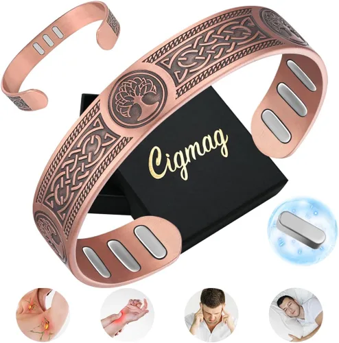 Vista 15 de Pulsera magnética de cobre para hombres, con potentes imanes 9X de 5000 Gauss, ajustable de cobre puro sólido (Axe)
