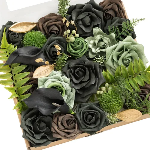 Vista 24 de Ling's moment Caja de flores artificiales, tallos de follaje artificial falso, rosas de espuma, dalia de seda, hierba de pampas, flor de tela