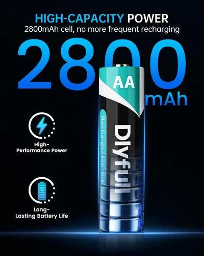 Vista 2 de DLYPOW Baterías AA recargables, 1.2V NiMH 2800 mAh de alta capacidad precargadas doble A, paquete de 4