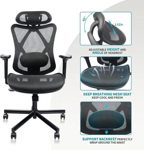 Vista 3 de Ergonomic Office Chair with Lumbar Support, High Back Mesh Computer Desk Chair, Adjustable Gaming Chair for Adults with Headrest, 135° Recline