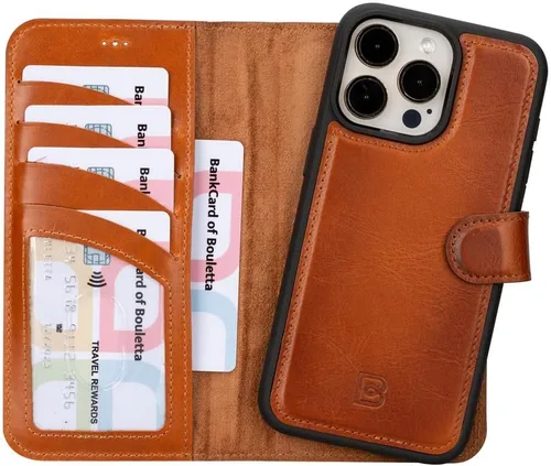 Vista 42 de BOULETTA Funda tipo cartera para iPhone 15 Pro Max de cuero de grano completo, funda magnética desmontable, tarjetero para iPhone 15 Pro Max, Rojo