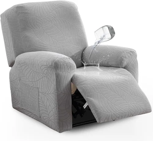 Vista 27 de vctops Funda repelente al agua para silla reclinable de 4 piezas con bolsillo lateral, diseño de hojas de jacquard, elástica, suave, protector
