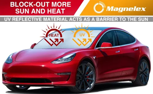 Vista 4 de Magnelex Parasol para parabrisas Tesla para el modelo 3 y el modelo Y 2017-2026, parasol reflectante de material 240T con recorte de espejo