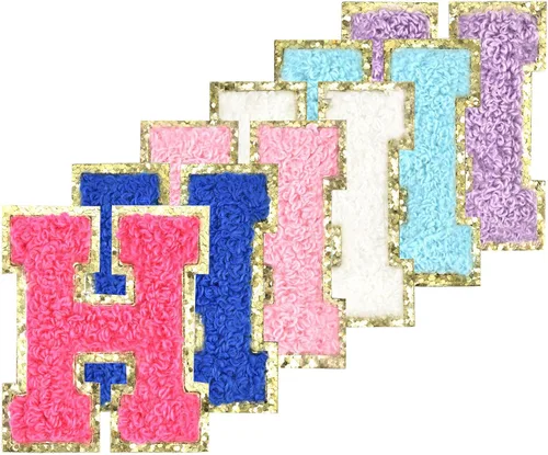Vista 15 de 6 piezas de parches de letras de chenilla autoadhesivas con purpurina para planchar, parches de letras universitarias estilo preppy, letras difusas