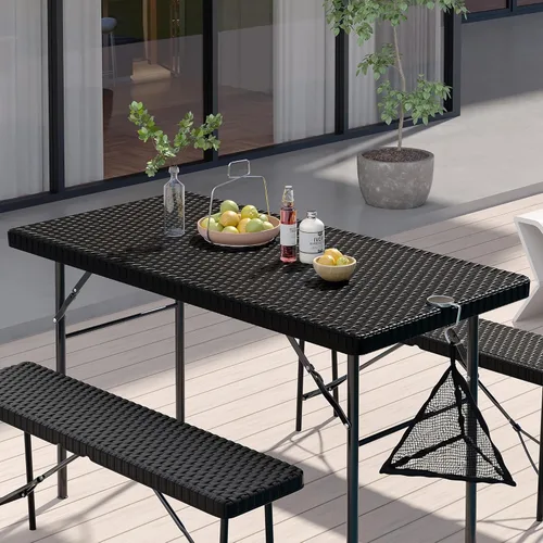 Vista 3 de VECELO Mesa de picnic plegable de 3 piezas con 2 bancos, juego de patio de ratán sintético de 47.2 pulgadas con bolsa de malla, resistente al calor