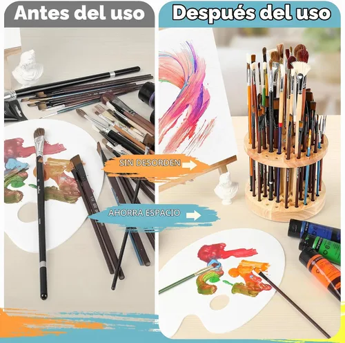 Vista 7 de Soporte para pinceles de pintura de 52 agujeros, organizador de pinceles de pintura giratorio de 360°, soporte de almacenamiento de madera dura