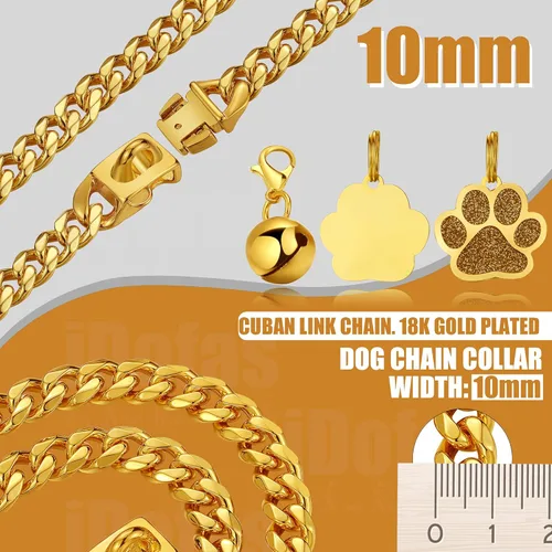 Vista 3 de Collares de Cadena de Perro de Oro LuxLife Collar de Perro de Oro 10mm Collar de Perro de Oro de Eslabones Cubanos de Acero Inoxidable Collar