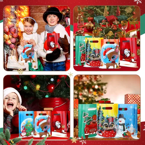 Vista 6 de Sinmoe 200 bolsas de plástico de Navidad a granel, bolsa de regalo de mercancía de Navidad con asa de 9 x 12 pulgadas, reutilizable, bolsa